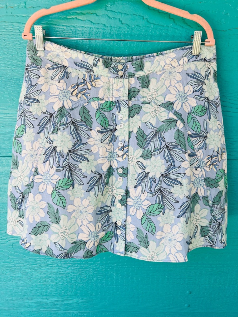 LOFT Linen Blend Floral Skirt Blue Green Pull-On Elastic Waist Size Large - Picture 2 of 8
